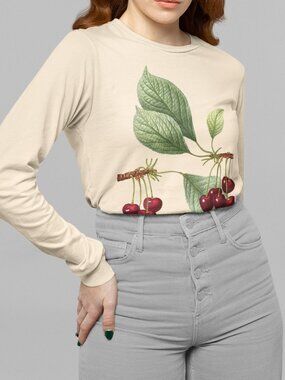 Cherry Vintage Botanical Print Long Sleeve Graphic Tee T-shirt S-XXL